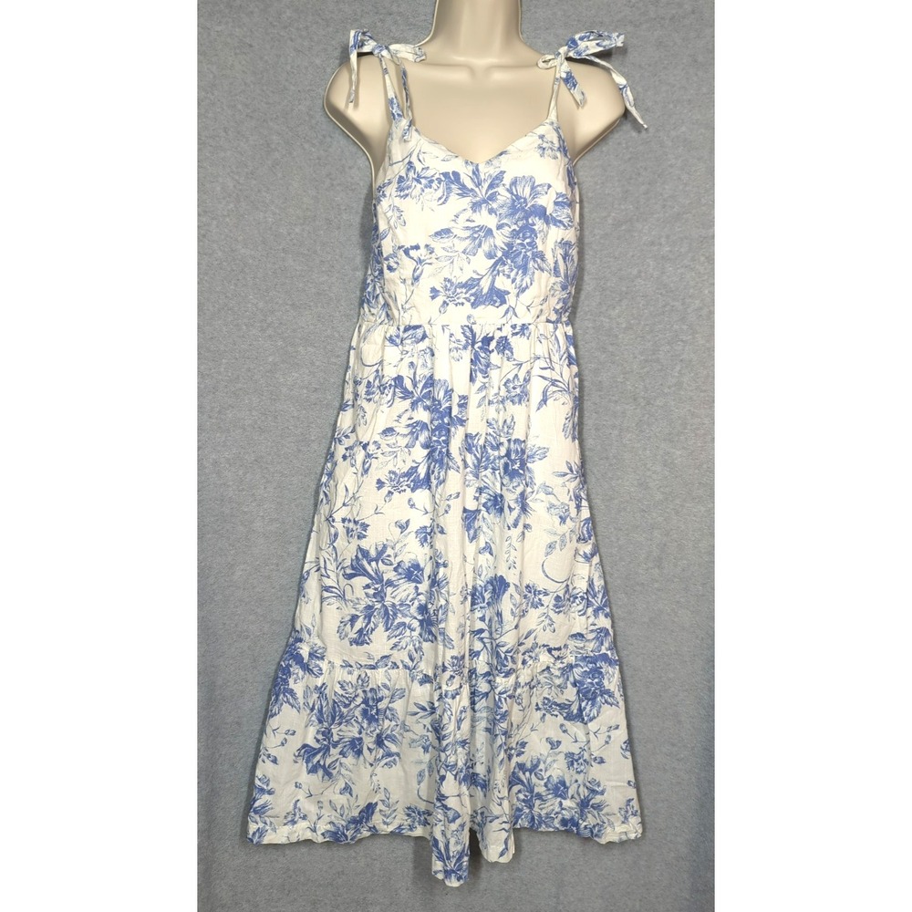 Gap Women Midi Dress Size 4 Smoked Back Blue White Pastoral French Country Chic